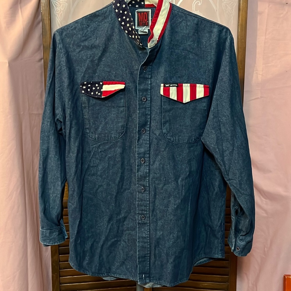 Vintage Red, White, Blue denim Mo Betta button down shirt